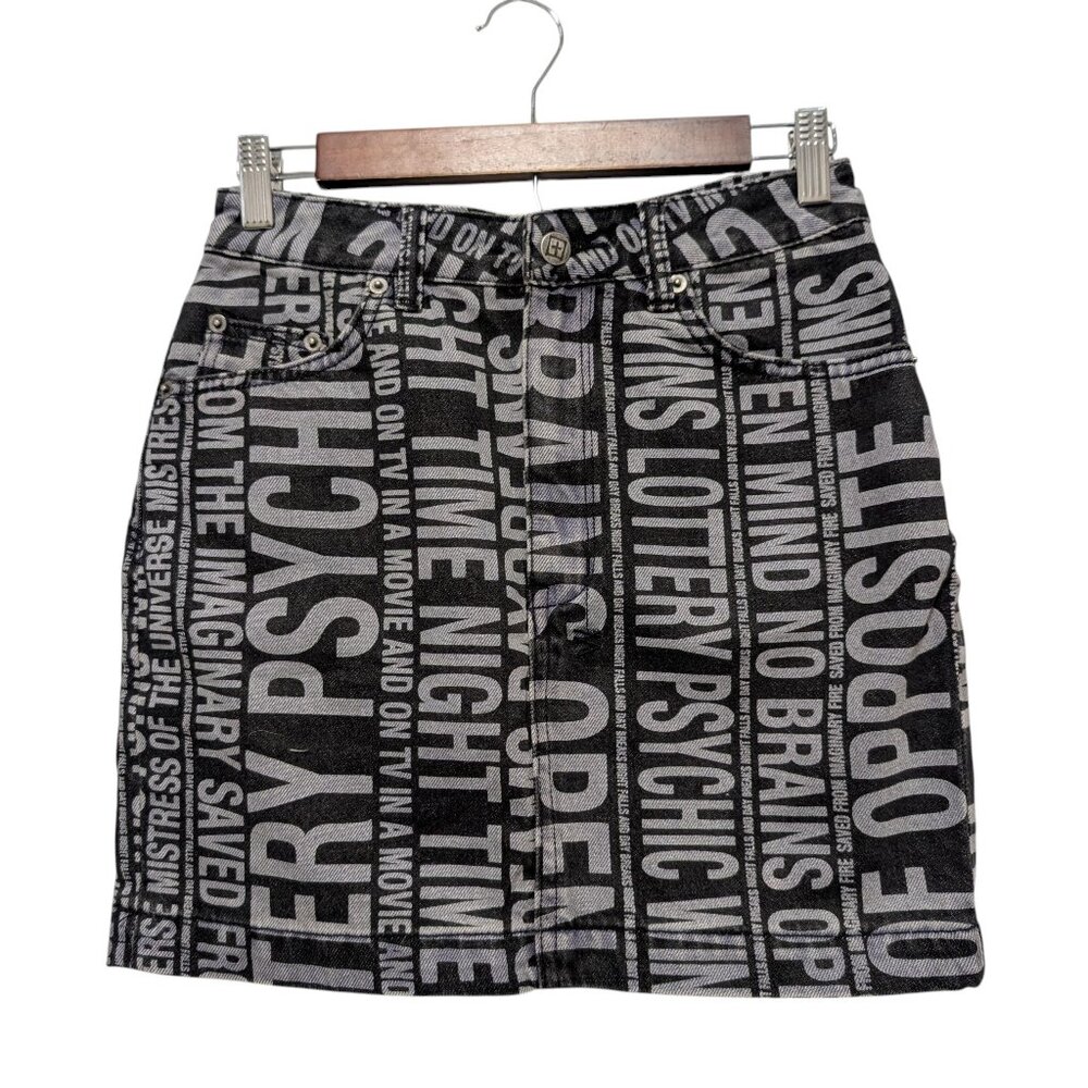 Ksubi Womens Size 27 Black Cotton Denim Super X Type O Words Graphic Mini Skirt